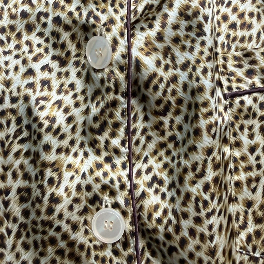 Victoria's Secret Pajama Set Leopard Print Women L Satin Button Down Shorts